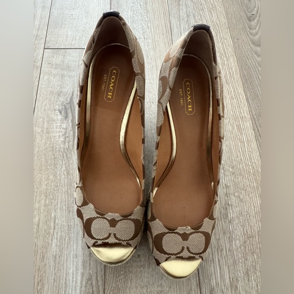 Coach Signature Logo Khaki Wedge Espadrille Size 9 - Picture 2 of 9